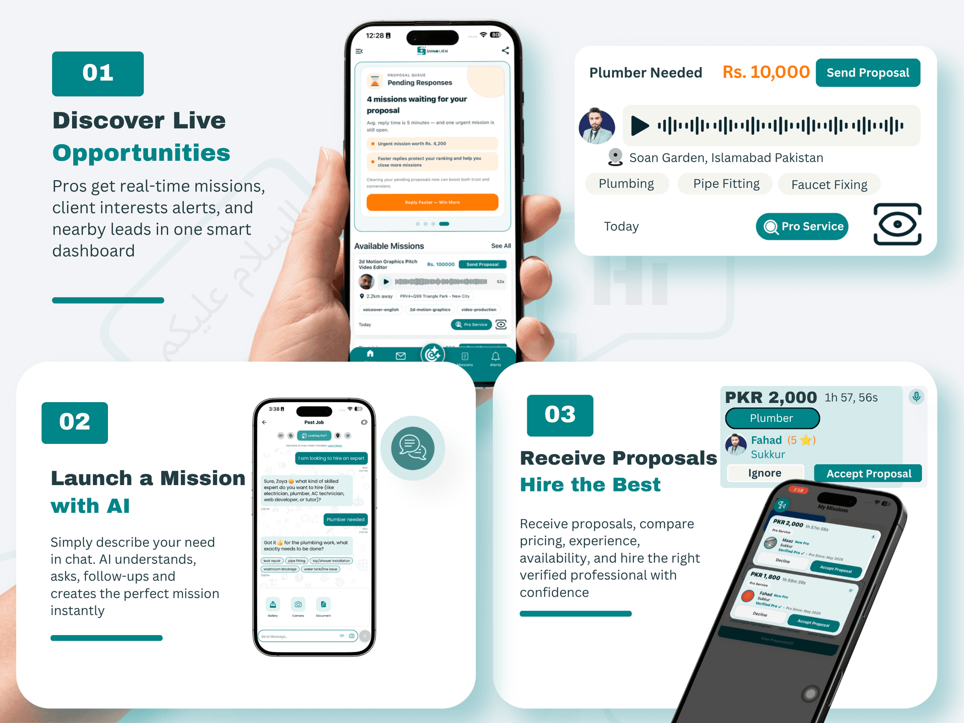Sahoolat AI app showing Pro reputation, nearby missions, and proposal bidding